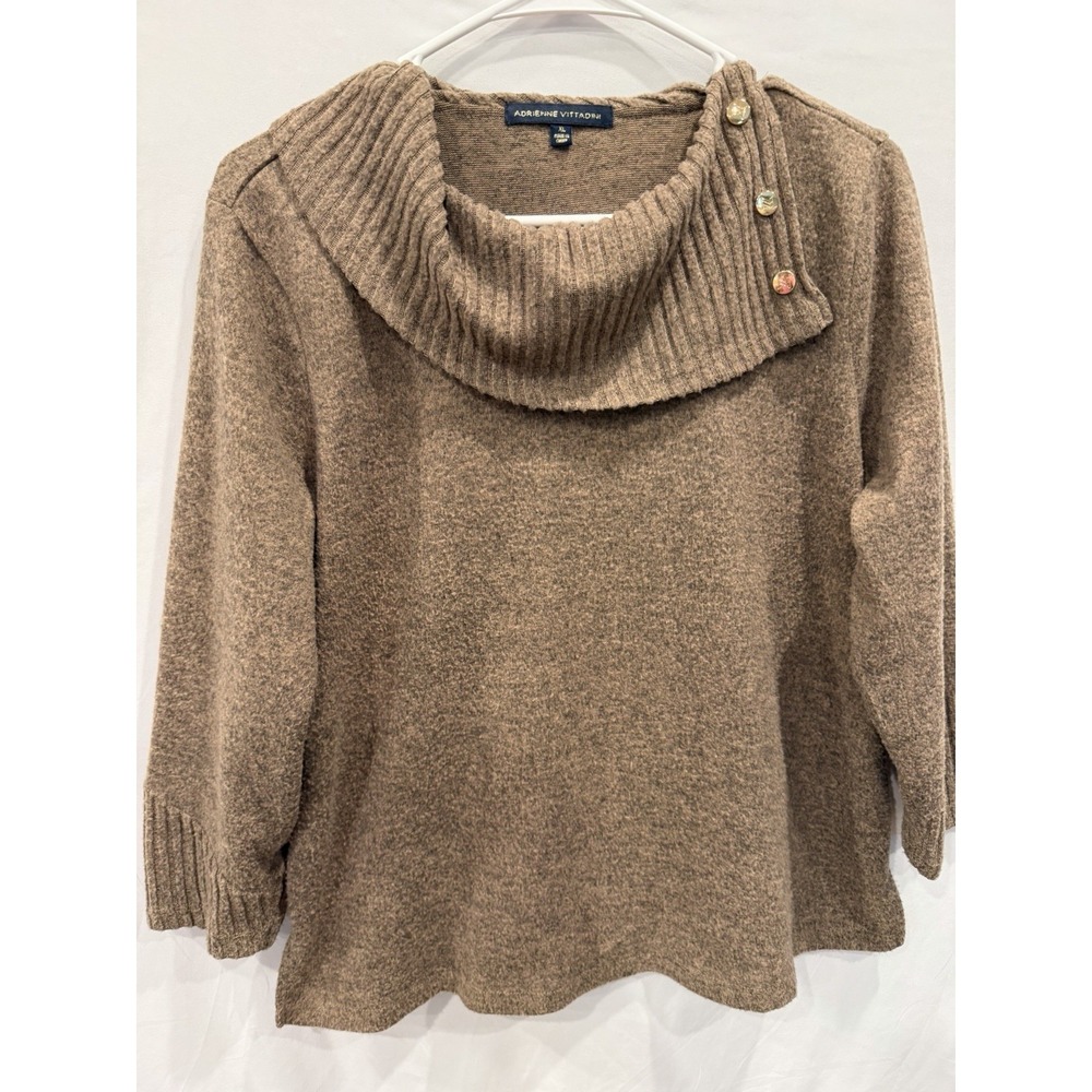Adrienne Vittadini Women's XL Cowl Neck Sweater Brown Gold Button Knit Pullover